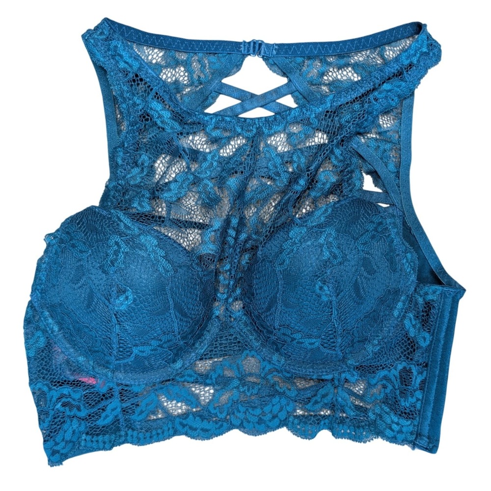 32B La Senza teal blue high-neck bralette lace detailing strappy‎ back design